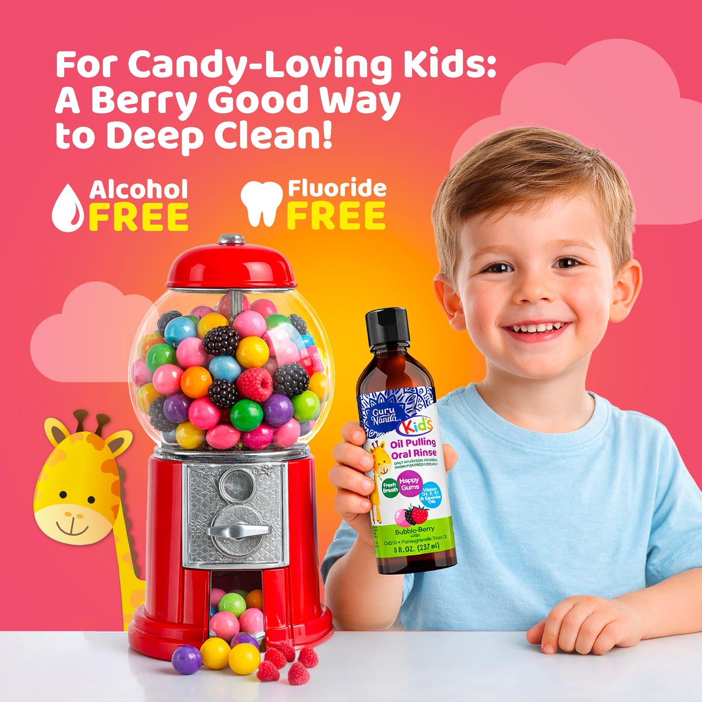 GuruNanda Kids Oil Pulling, Alcohol-Free Mouthwash, Essential Oils & Vitamins for Fresh Breath & Happy Gums for Ages 6 & up, Natural Bubble Berry, 8 Oz