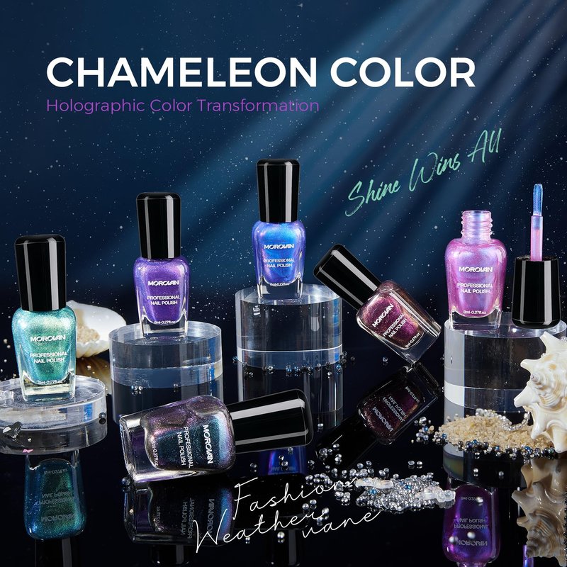 Morovan Chameleon Nail Polish Set: 6 Colors Holographic Quick Dry Mini Nail Lacquer Kit Green Glitter Pink Blue Purple Gray Aurora Shimmer Fall DIY Nail Art Manicure Gift For Women Girls