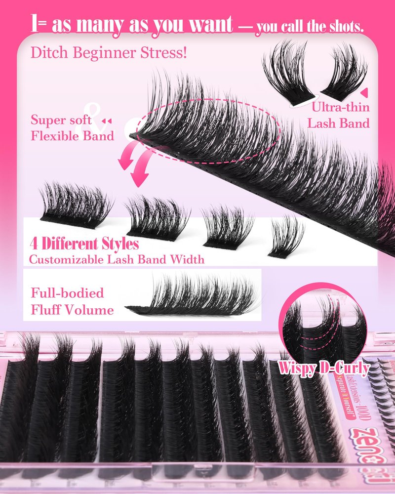 Lash Clusters Volume Lash Extensions Wispy Eyelash Clusters with Bottom Lashes 100D Individual Lashes Cluster Eyelash Extensions DIY Lashes Extension at Home D Curly 5-18mm by zenotti