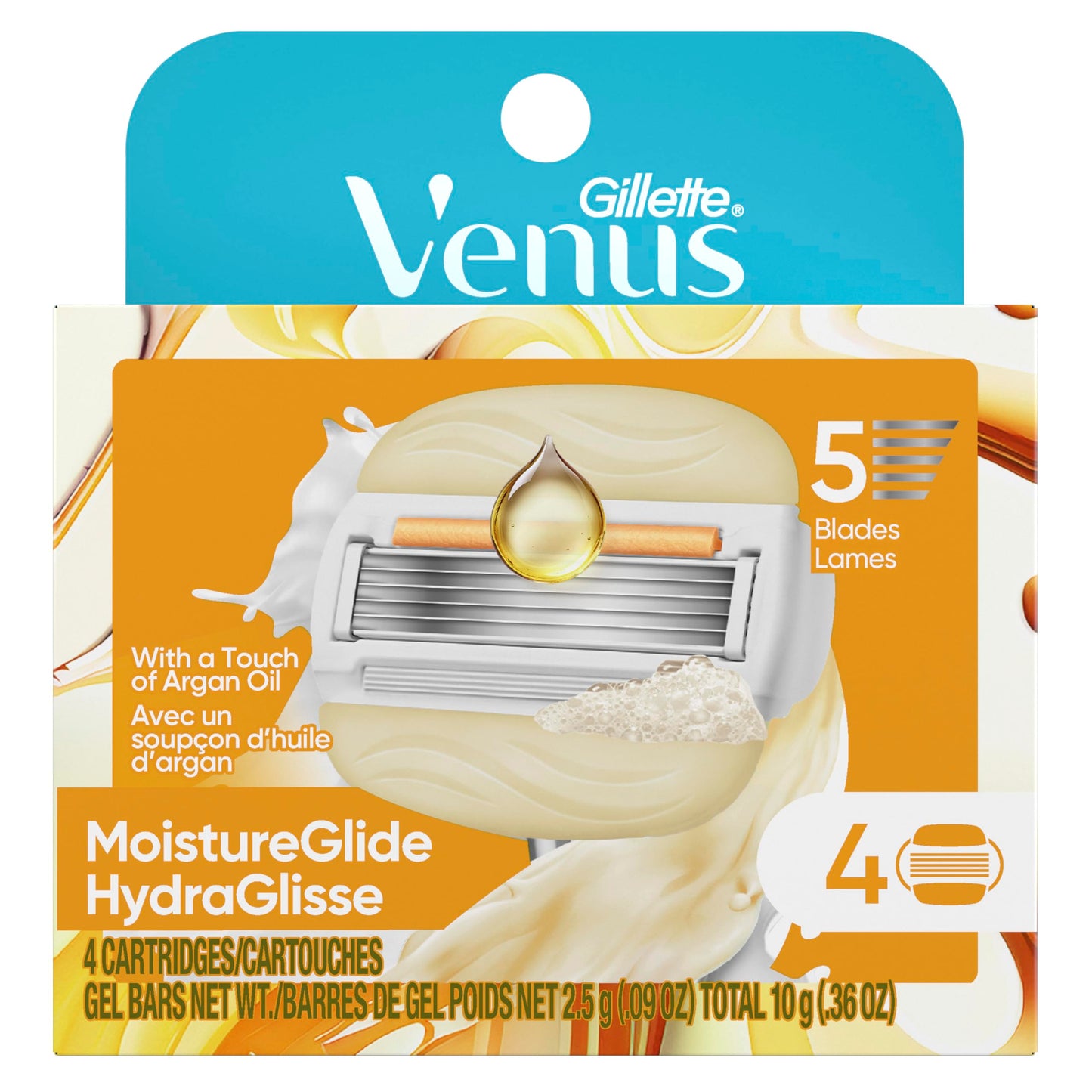 Venus MoistureGlide Women's Razor Blades, With Built-in Shave Gel Bars, 4 Razor Blade Refills