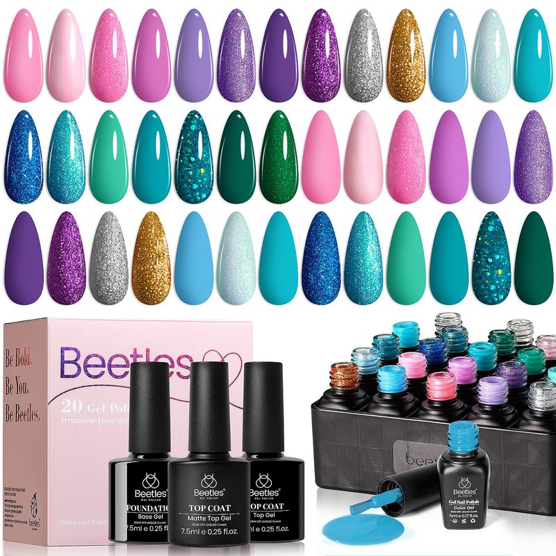 Beetles Purple Gel Nail Polish Set, 20 Colors Blue Green Pink Purple Shimmer Glitter Mermaid Gel Polish Kit with Base Top Coat Soak off Uv Nail Art Spring Gifts for Women