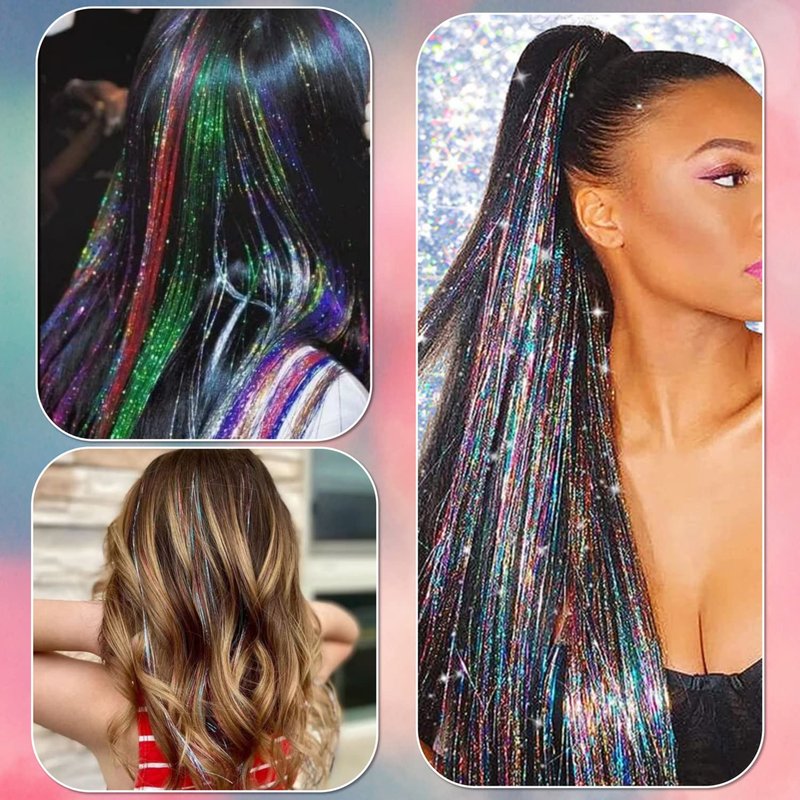 Skiennix Hair Tinsel Kit - 2400 Strands of Glittering Extensions | 12 Colors, 48 Inches for Women & Girls