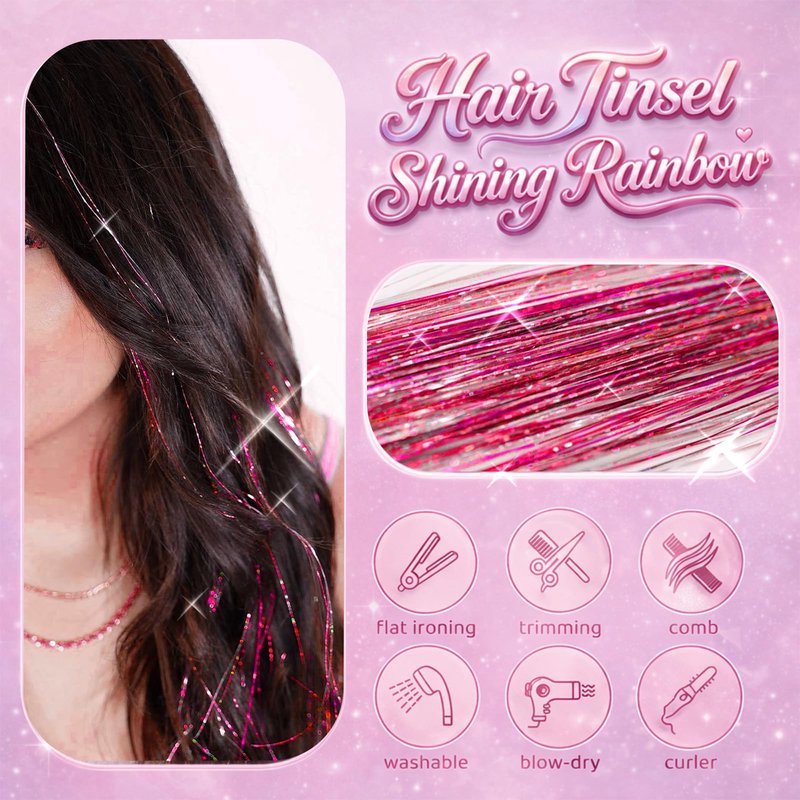 Rose Red Hair Tinsel, 8 Pcs Fairy Hair Tinsel Kit for Girls Women 48 Inch 3200 Strands with Tools Hair Accessories Glitter Tinsel Hair Extensions for Party Festival Christmas (Rose Red)