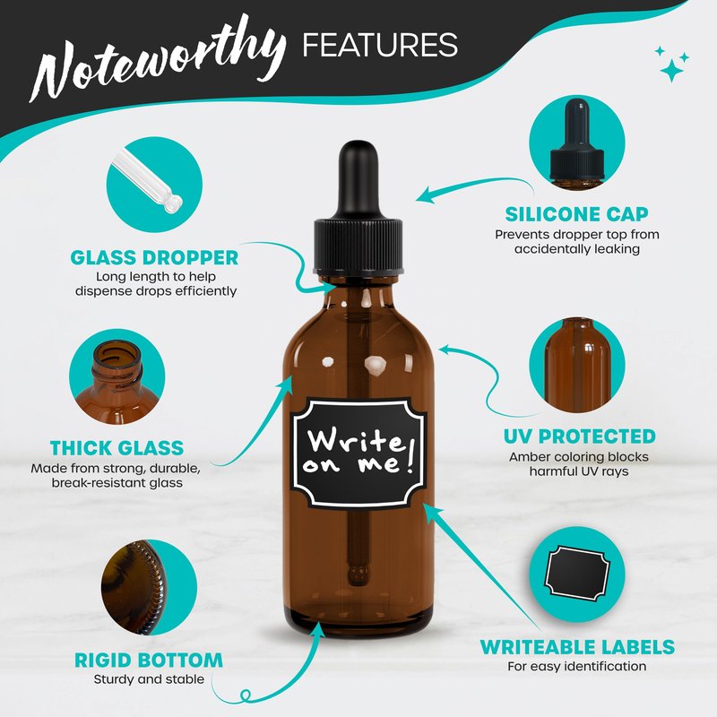 Nevlers Amber Glass Dropper Bottle 2 Oz 48 PK | Leakproof Empty Eye Dropper Bottle Set w/Funnel, Brush, Shrink Wrap, Marker & Labels | Reusable Tincture Bottles with Droppers | Glass Droppers for Oils