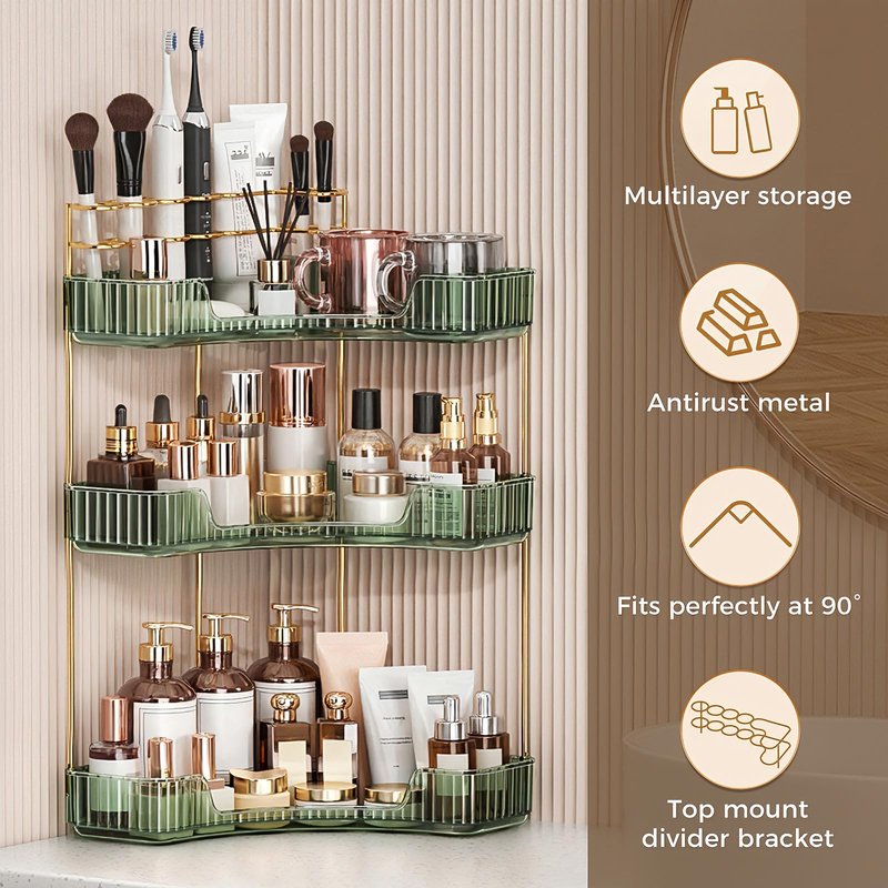 BEFSOP Corner Bathroom Counter Organizer, Upgraded 3-Tier Makeup Organizer Countertop with Makeup Brush Holder, Skincare Exquisite Vanity Organizers Countertop Bathroom Storage Dresser(Green)