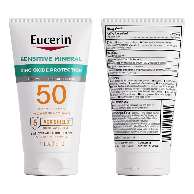 Eucerin Sun Sensitive Mineral Sunscreen Lotion SPF 50 with Zinc Oxide Protection, Hypoallergenic Sunscreen for Sensitive Skin, Oxybenzone and Octinoxate Free, 4 Fl Oz Tube
