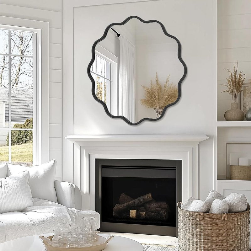 Black Round Bathroom Vanity Mirror - 36 Inch Wavy Design | Modern Wall-Mounted, Anti-Rust Tempered Glass