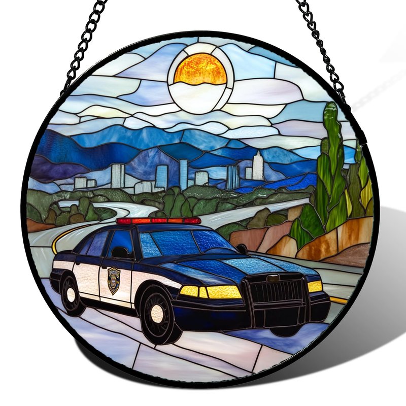 QZQCBLC Stained Glass Window Hanging Blue White Sunset Police Car 6.3" - Suncatcher Door Garden Sun Catcher Home Decor Birthday Christmas for Mom Men Woman Wife Friend Nana