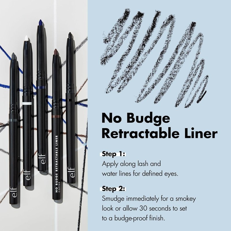 e.l.f. No Budge Retractable Eyeliner - Creamy, Ultra-Pigmented & Waterproof for Bold Lines | Vegan, Black