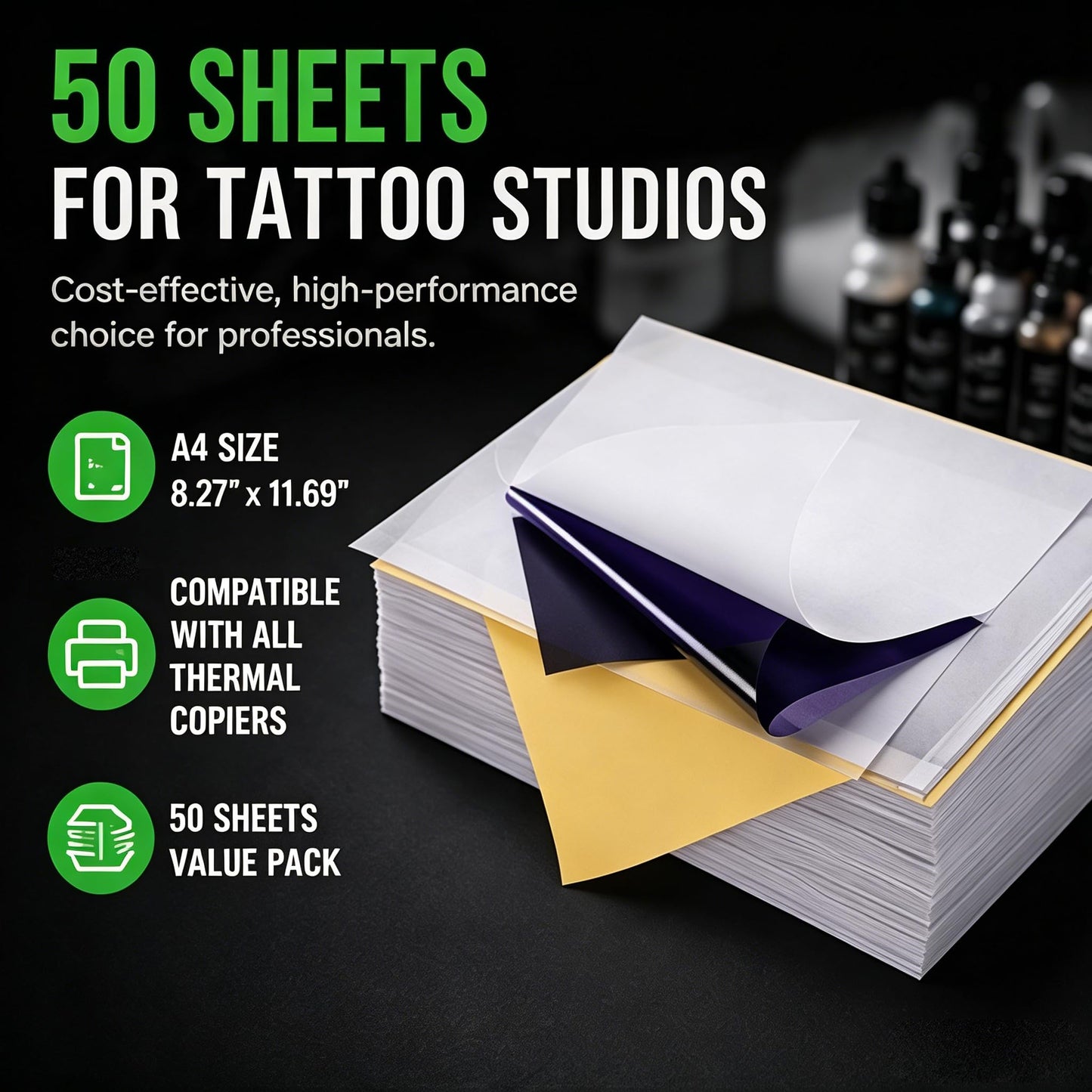 Jconly Tattoo Transfer Paper, 50 Sheets Stencil Transfer Paper for Tattooing, A4 Size Thermal Stencil Paper for Tattoo Beginners Artists Tattoo Supplies