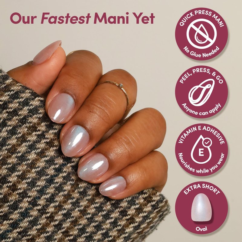 Glamnetic Quick Press Mani - No Glue Press On Nails, Just Peel and Stick, Oval Extra Short Nails, Mess Free, Salon Quality Stick On Nails, Nude Glazed | in 15 Sizes - 30 Nail Kit