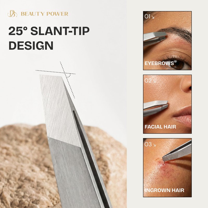 Beauty Power Professional Tweezers in Case - Slant, Durable Lightweight German Stainless Steel, Ultra Precision Tweezers for Eyebrows, Facial Hair, Chin, and Ingrown Hair Removal - Gift Idea - Gray