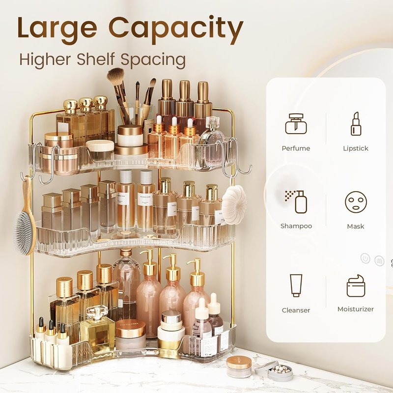 Clear 3-Tier Bathroom Organizer by Corner - Stylish Countertop Storage with Hooks for Makeup & Skincare