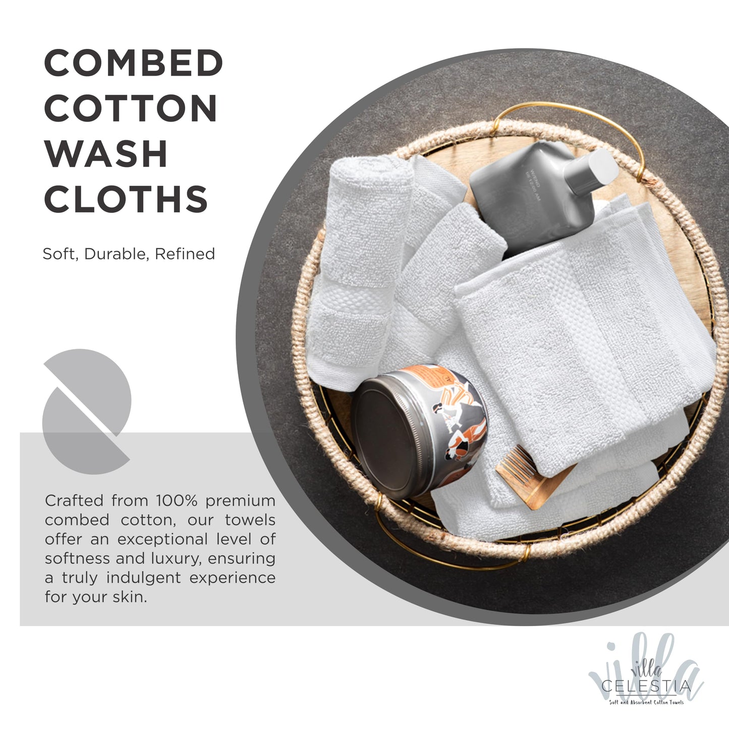 Villa Celestia Cotton Washcloths Set of 12, 12x12 Inch, 100% Ring-Spun Combed Cotton, Soft Absorbent Quick-Dry Wash Cloths for Face and Body, Oeko-TEX Certified, Hotel & Spa Quality, White