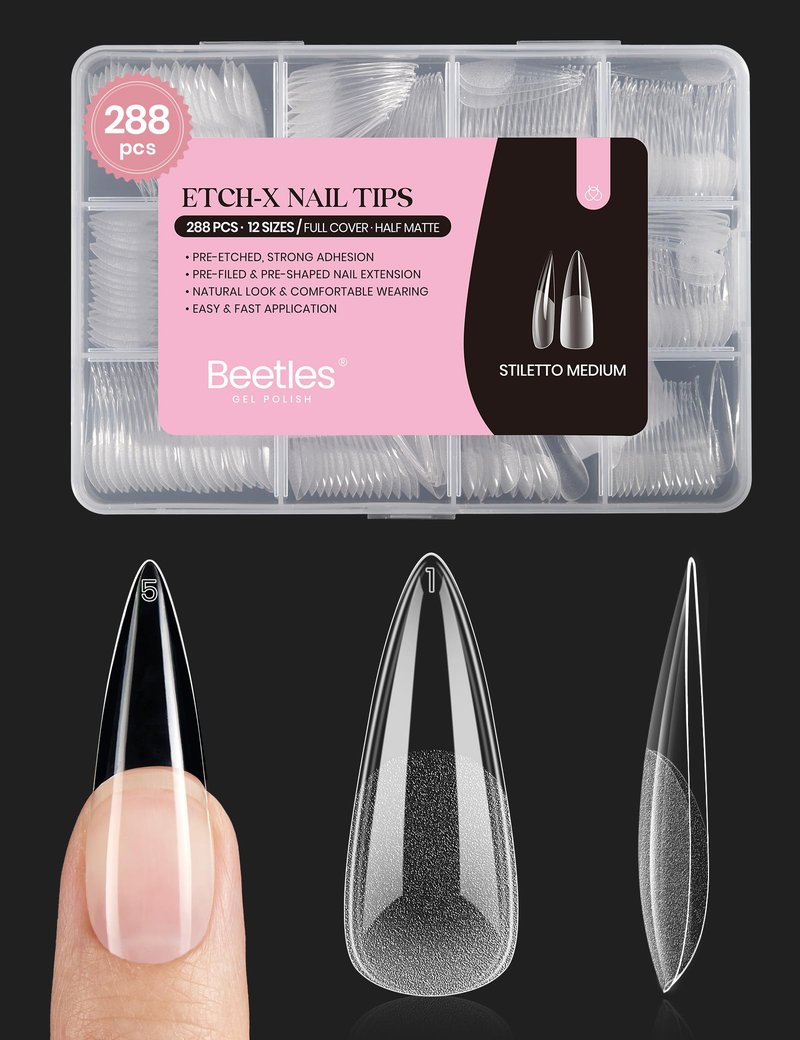 Beetles Gel Nail Tips Etch-X, Stiletto Medium, 288Pcs 12 Sizes, Pre-Etched Half Matte Full Cover Soft Acrylic False Nail Tips Pre-Shaped Easy DIY Fake Nail Extension Salon Gift for Women