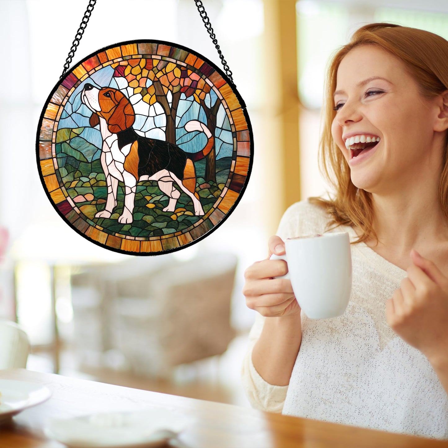 GEFOS Stained Glass Window Hanging Cute Dog Beagle Trees Large 11.8" - Suncatcher Door Garden Sunroom Sun Catcher Home Decor Birthday Christmas for Lost Pets Mom Men Woman Nana
