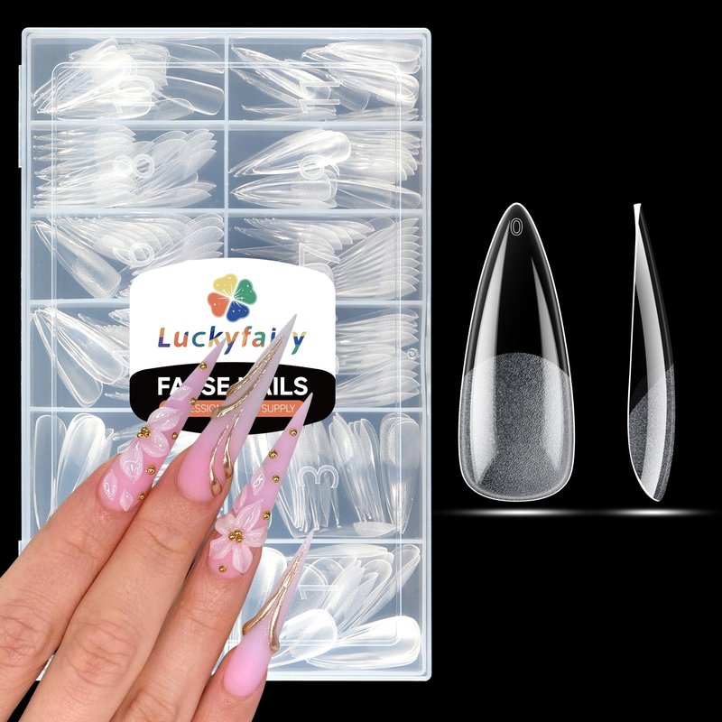 Luckyfairy Long Stiletto Nail Tips: 240pcs Long Almond Matted Stiletto Gel Nail Tips No C Curve False Acrylic Fake Nails Full Cover Press On Nails Extensions DIY Home Salon 12 Sizes