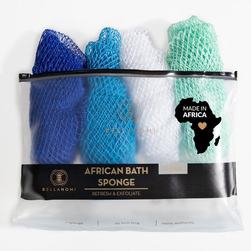 BELLANOMI 4 Piece African Exfoliating Net Sponge Long African Bath Sponge, Authentic Ethically Sourced from Nigeria, Great for Daily Use (Pink, Indigo, Seafoam, Blush)