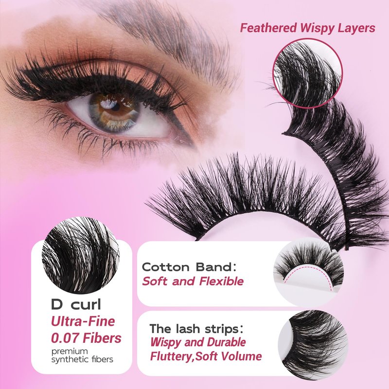 Dramatic Cat Eye Lashes - Fluffy Volume False Eyelashes with Lightweight Comfort, Easy Apply Winged Style (8-16mm), Reusable Glam Lashes for All Eye Shapes, 7 Pairs Full-Strip Lashes