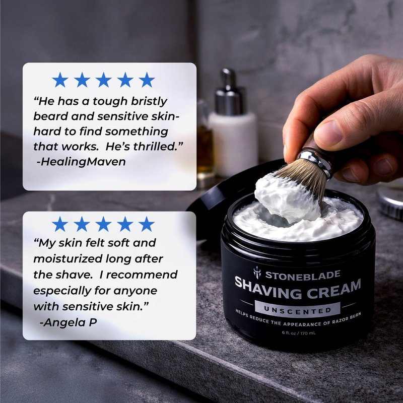 Shaving Cream for Men with Sensitive Skin – Fragrance Free, Menthol Free | Helps Reduce Razor Burn & Irritation | StoneBlade Unscented Shave Cream, 6 oz