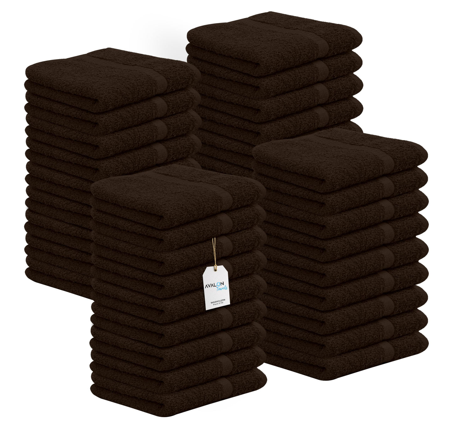 Avalon Towels Cotton Washcloths – (Pack of 36) Size 12x12 Inches, 100% Ring Spun Cotton, Soft & Absorbent Face Towels, Gym Towels, Hotel and Spa Quality, Reusable Fingertip Towels (Brown)