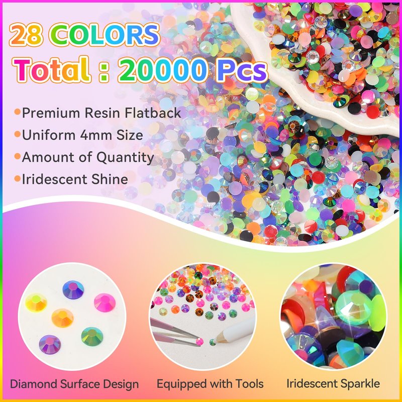 20000Pcs Color 4mm Rhinestones Bedazzling Kit with Tools, Resin Rhinestones for Bedazzling, Flatback Resin Gems for Crafts, Bedazzler Kit for Diamond Art Clothing Shoes Makeup Tumblers