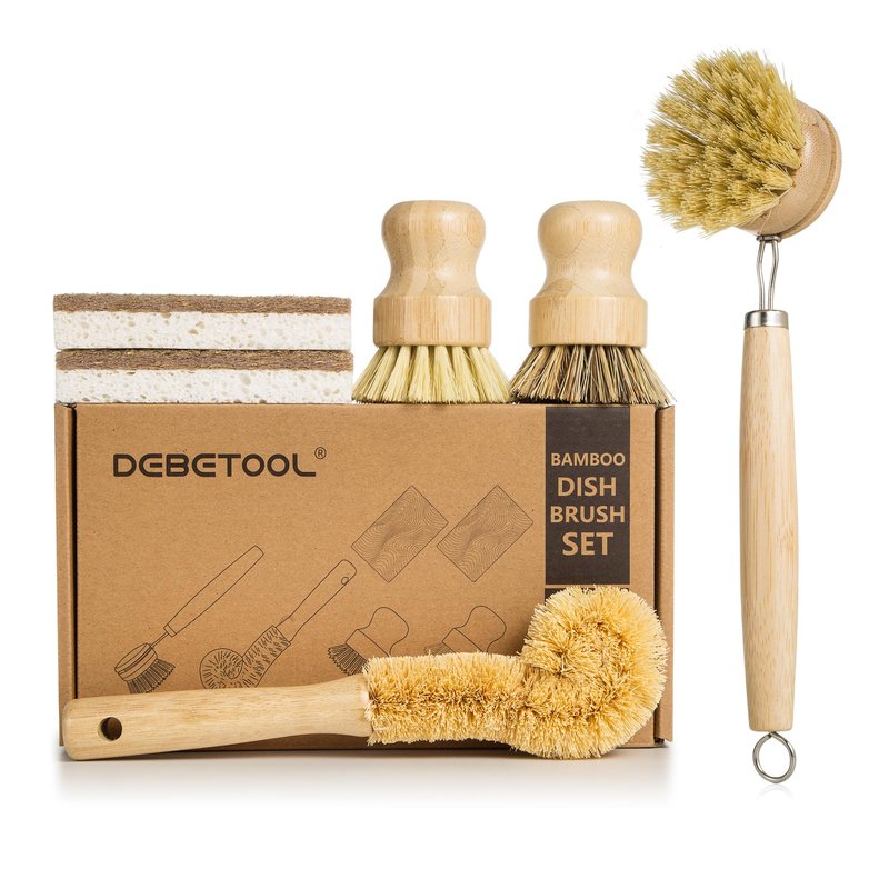 DEBETOOL 6 Piece Bamboo Dish Brush Set with Coconut Sponge - Wooden Dish Brush with Sisal and Palm Fiber, Natural Bamboo Dish Scrub Brush for Kitchen Cleaning Dishes, Pots, Pans, Bottles, Vegetables