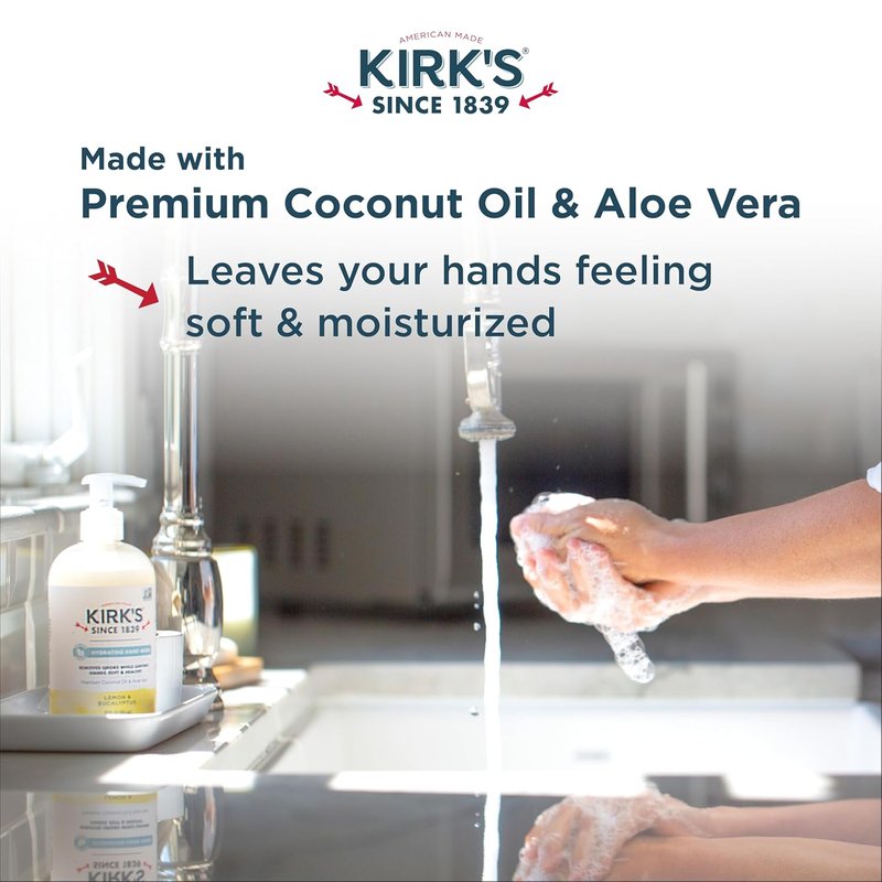 Kirk's Odor-Neutralizing Clean Hand Soap Castile Liquid Soap Pump Bottle | Moisturizing & Hydrating Kitchen Hand Wash | Lemon & Eucalyptus Scent | 12 Fl Oz. Bottle