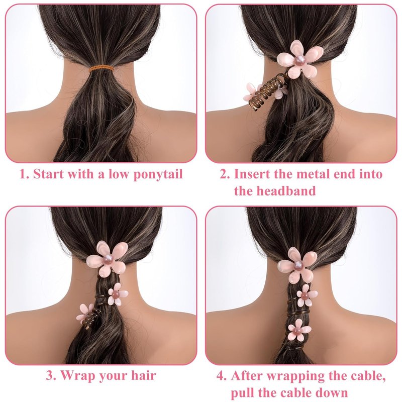 Flower Bead Spiral Hair Ties - 4PCS Floral Ponytail Holders for Women | Elegant Rubber Coils in 4 Colors