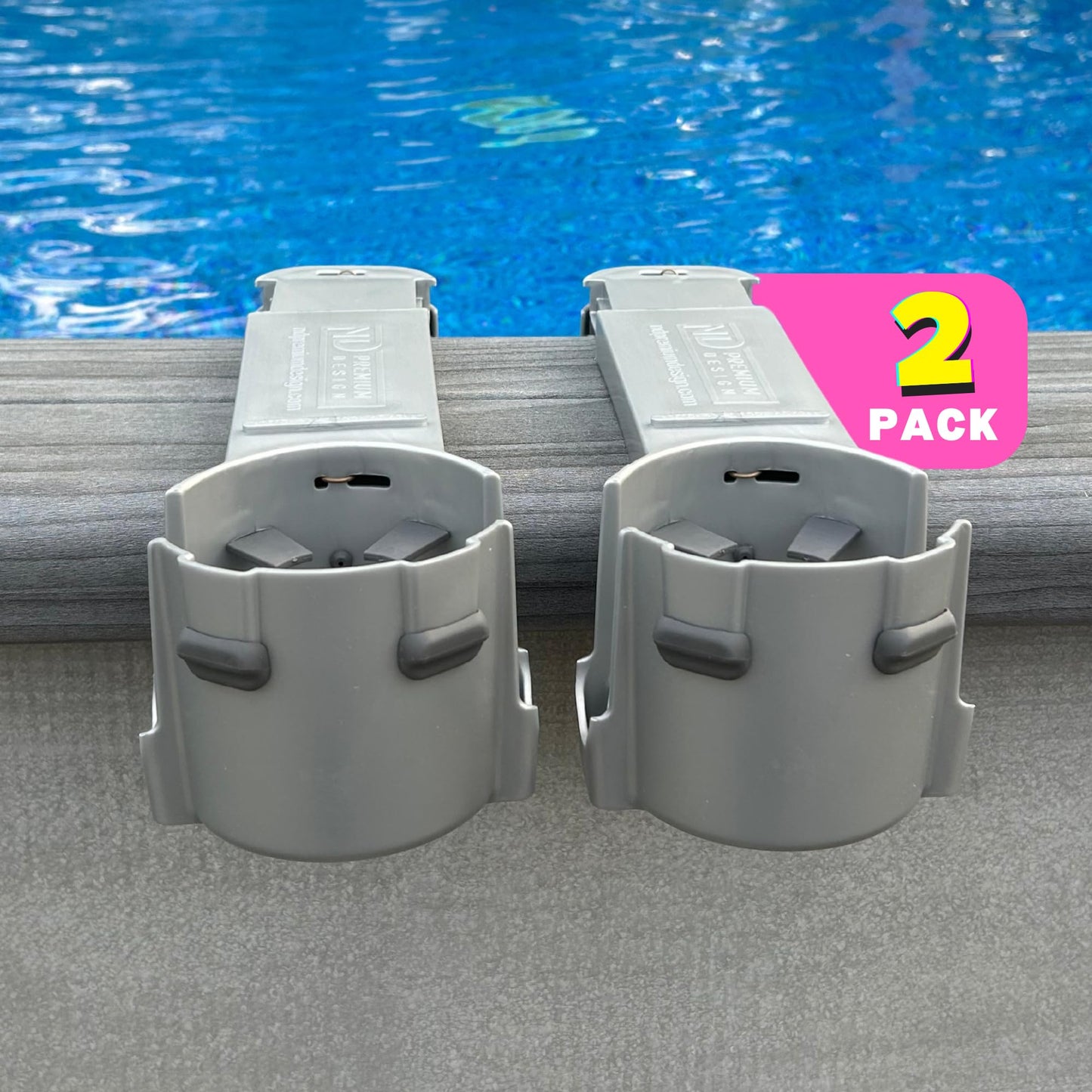 2-Pack Poolside Cup Holders for Square-Top Above Ground Pools, Adjustable Fit for Wide Edges, Non-Slip Silicone Grips, Fits Tumblers & Drink Bottles, Use on Deck, Boat & Patio, Silver Grey