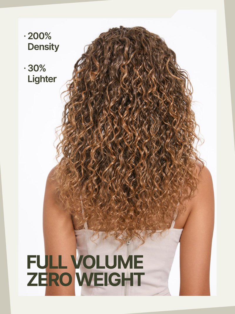 Frodio Veralux Fiber Blend Human Hair 20 Inches Shaggy Curl with Bangs Wig 200% Density Wigs Highlight Brown Ready to Go Glueless Wig for Women Realistic Look with True Scalp