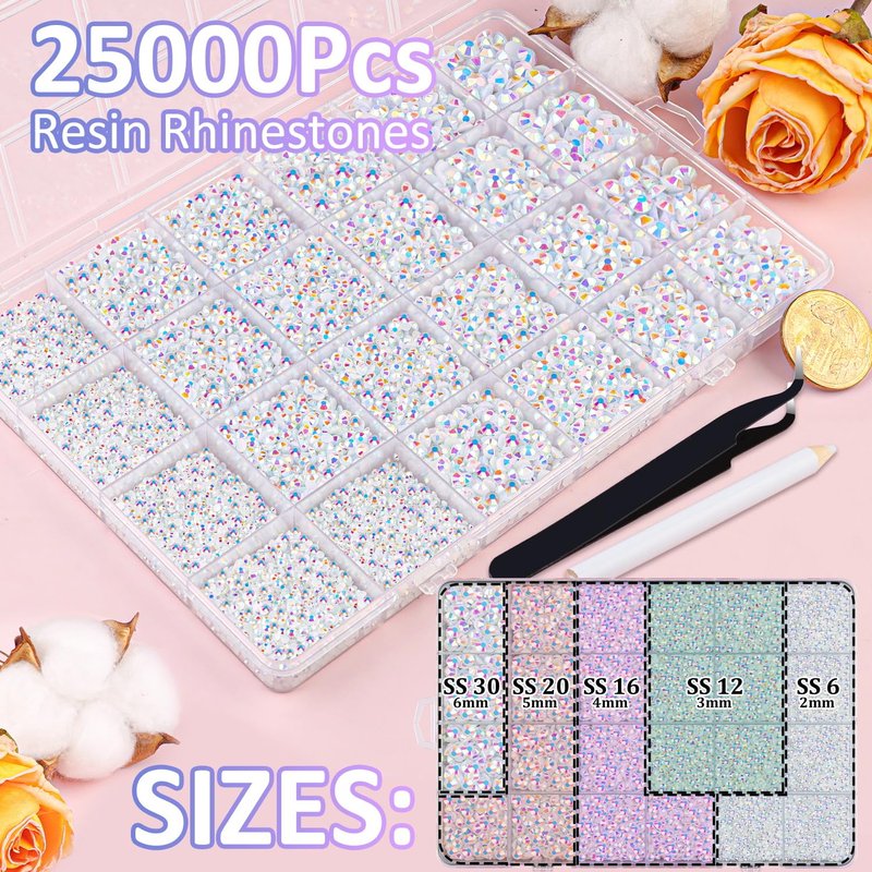 25000 Pcs Resin Rhinestones - White AB Flatback Gems for DIY Craft | 2-6mm Mixed Sizes, Includes Glue