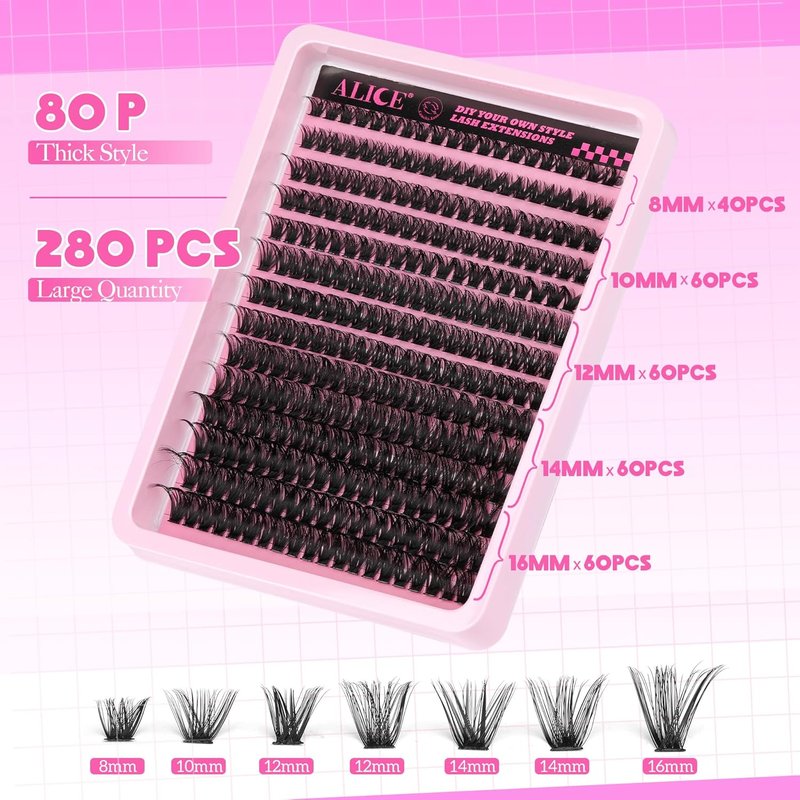 DIY Eyelash Extension Kit D-Curly Wispy Volume Lash Clusters Individual Lashes Lash Extension Kit with Lash Bond and Seal Applicator Tool for Self Application at Home (80P-280Pcs-Mix10-16mm-0.07D)
