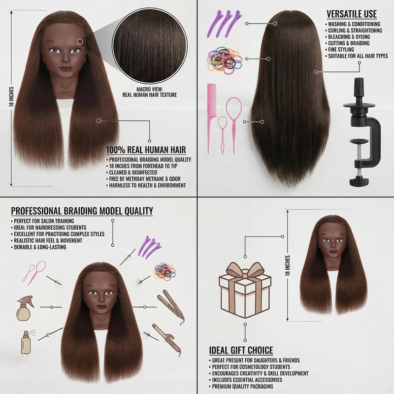 100% Real Hair Mannequin Head Training Head Manikin Cosmetology Doll Head for Hairdresser Practice Braiding Hair Styling with Clamp stand (18inch)