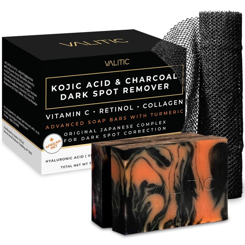 Charcoal Kojic Acid Turmeric Black Soap Bar - Dark Spot Remover for Body & Face Wash | 2 Pack with African Net Sponge