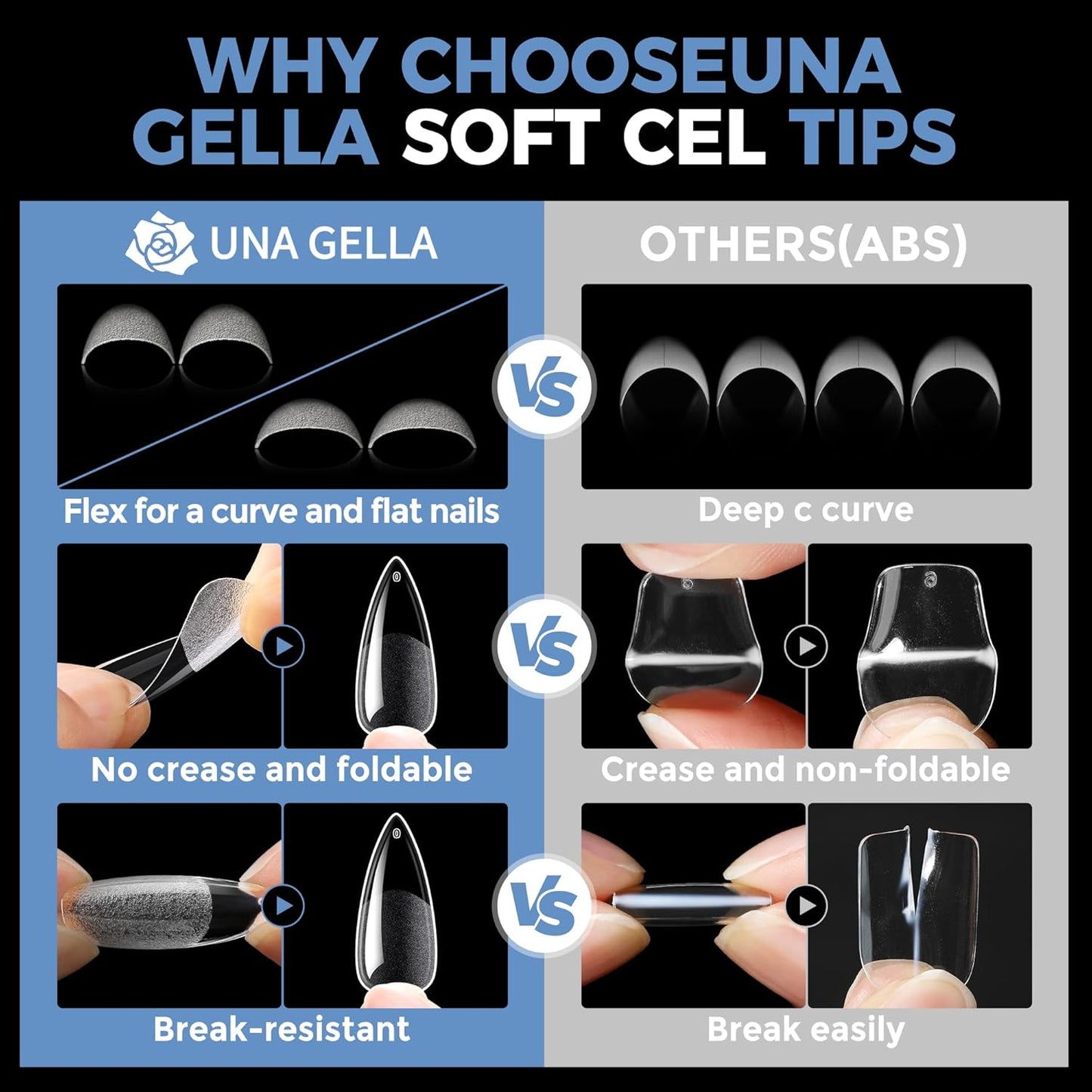 UNA GELLA Medium Stiletto Gel Nail Tips - Full Cover 216 Pcs Almond Shape | Pre-Etched Soft Gel Nails in 12 Sizes