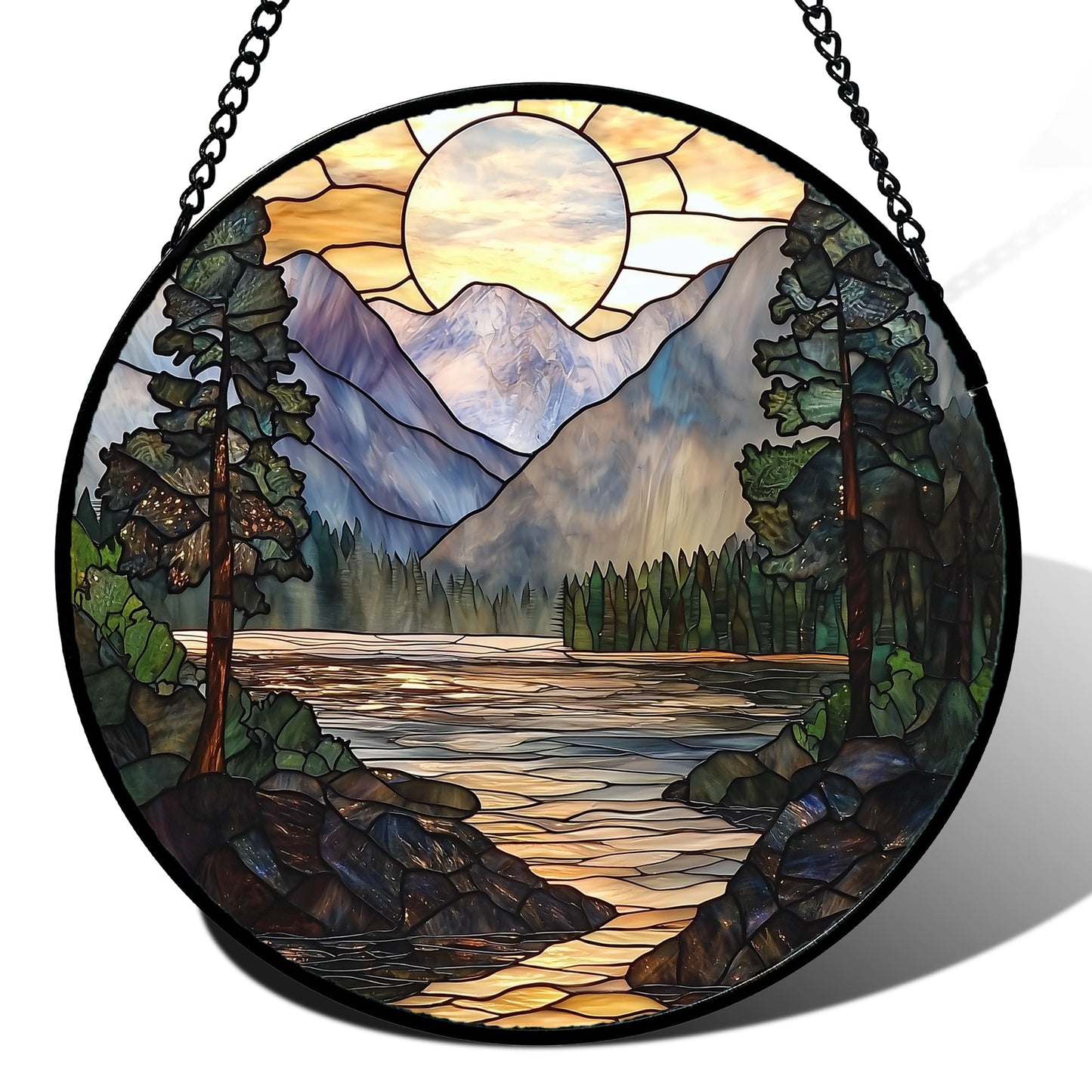 AMDERVEN Stained Glass Window Hanging, Sunset Mountains Lake Tree Sun Catcher for Window Home Decor Landscape Suncatcher Mother's Day Birthday Gifts for Women Men Mom and Nana 15 in