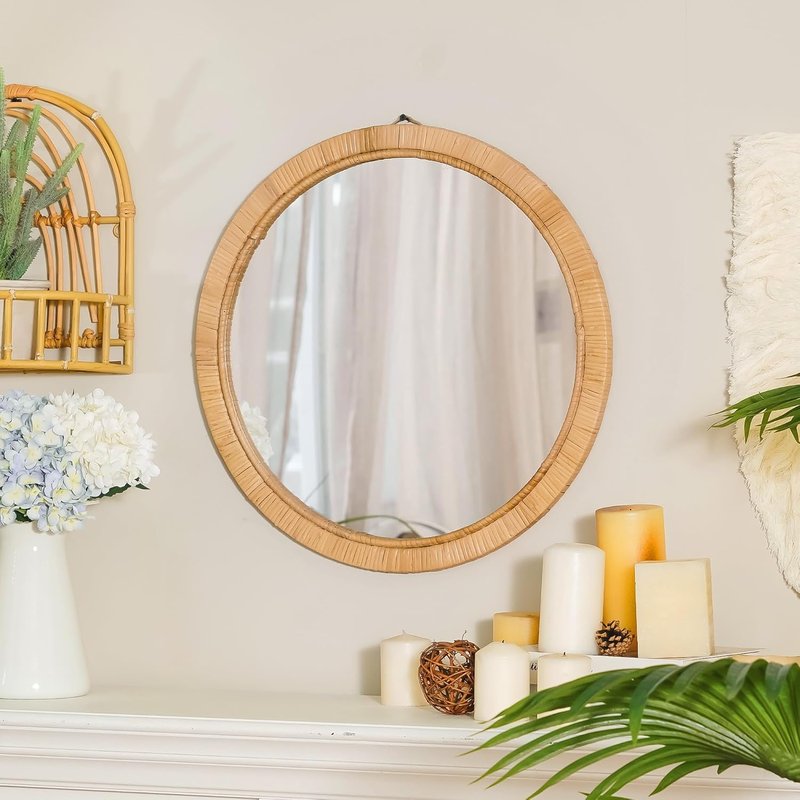 Rattan Wall Mirror - 20" Boho Round Decorative Mirror for Bathroom, Vanity & Entryway | Farmhouse Style