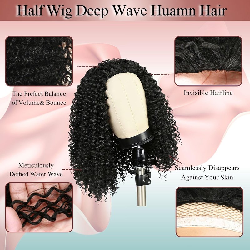 Deep Wave Half Wig - 24 Inch Human Hair Curly Wig | 200% Density, Glueless Design for Black Women