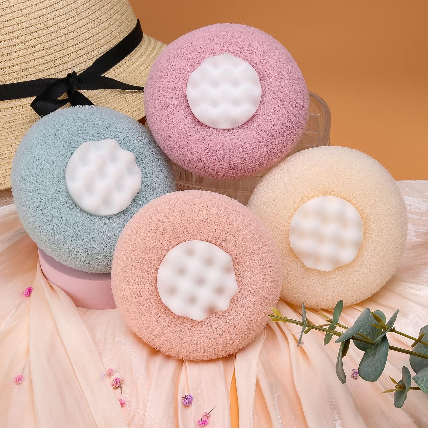 FWUNYVN 3Pcs 2-in-1 Sunflower Bath Ball, Super Soft Exfoliating Bath Sponge Cleaning Brush, Bath Loofah Sponge，Hangable Suction Cup Bath Ball for Women Men(Pink+Blue-Green+Purple)