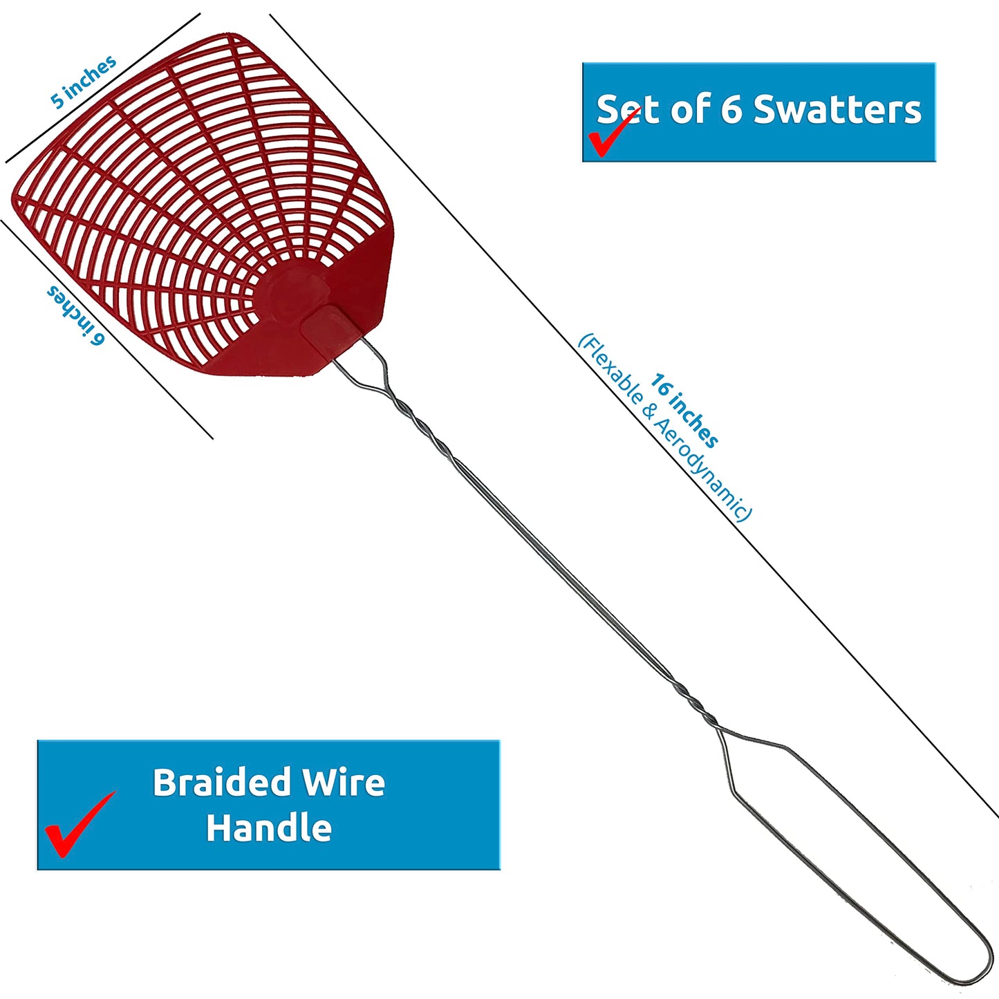 W4W, Bug & Fly Swatter Metal Handle 6 Pack Fly Swatters Indoor/Outdoor flyswatter