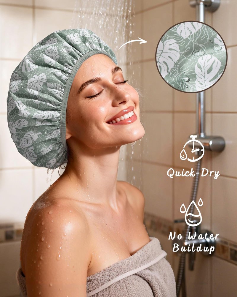 Yanibest Shower Cap for Women - Frizz Free Satin Lined Shower Cap Waterproof Large Double Layer Reusable with Soft Elastic Band for Braids Long Hair