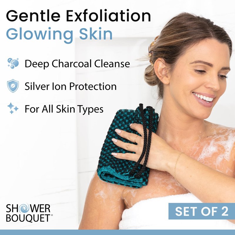 Japanese Exfoliating Washcloth for Back & Body 2-Pack - Charcoal & Silver Ion Exfoliating Towel with Handles - Two-Sided Gentle Exfoliation & Deep Cleanse Body Wash Cloths for Shower - 1 Blue, 1 Green