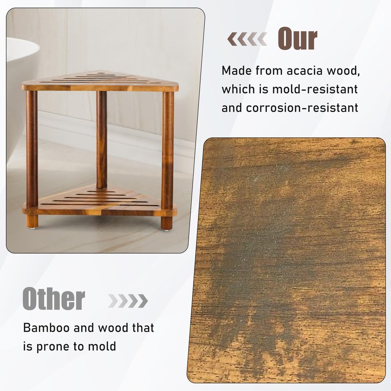 OKLILIYA Corner Shower Stool, Shower Foot Rest for Shaving Legs, Small Shower Acacia Wood Waterproof Shower Bench for Inside Shower Spaces (Corner Stool 03)