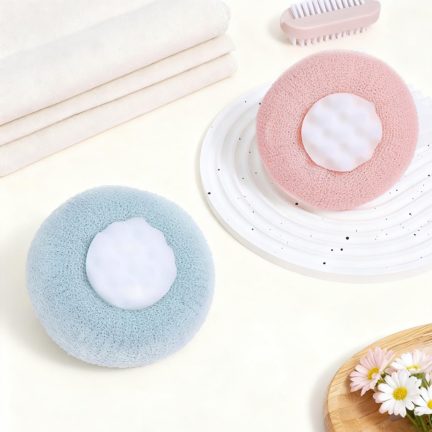 YBEATY 2 PCS Soft Sunflower Suction Cup Bath Ball Bath Body Brush Exfoliating Mesh Sponge Cleaning Scrubber Sponge with Finger Rings Shower Loofah Sponges for Women Men Scrub The Body Accessories