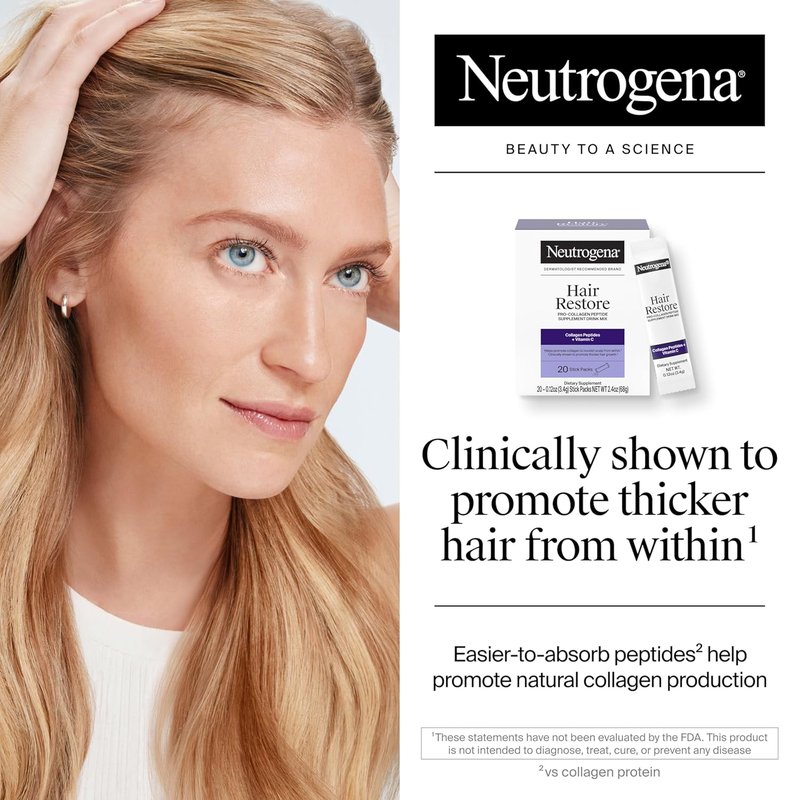 Neutrogena Hair Restore Pro-Collagen Peptide Supplement - Vitamin C Powder Drink Mix for Thicker Hair | 20 Stick Packs