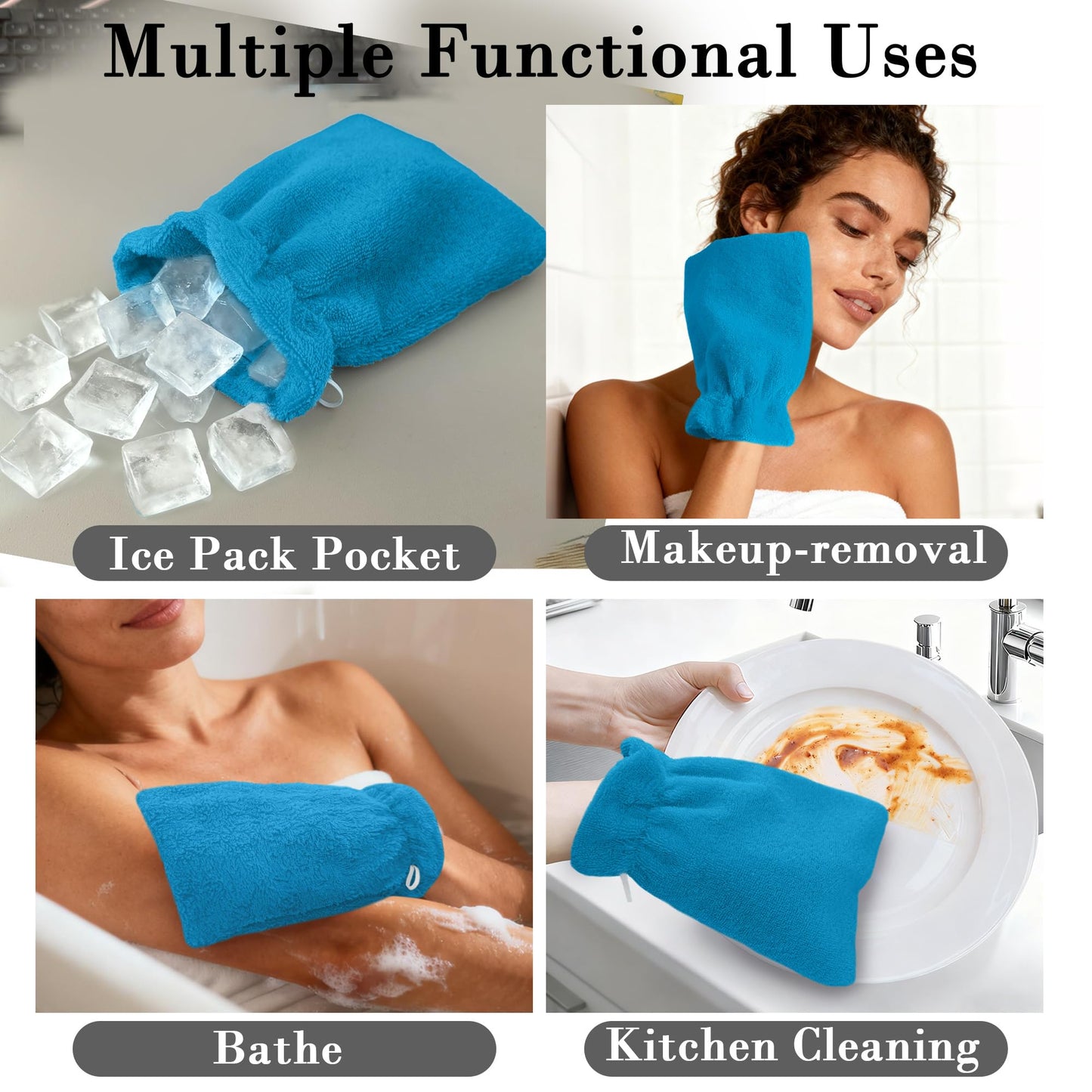 VOOVA & MOVAS Wash Mitts for Body 6-Pack, 100% Cotton Soft Absorbent Wash Cloths with Hanging Loop, 8.3x6.3 Inch European Style Wash Gloves for Shower & Spa, Sky Blue