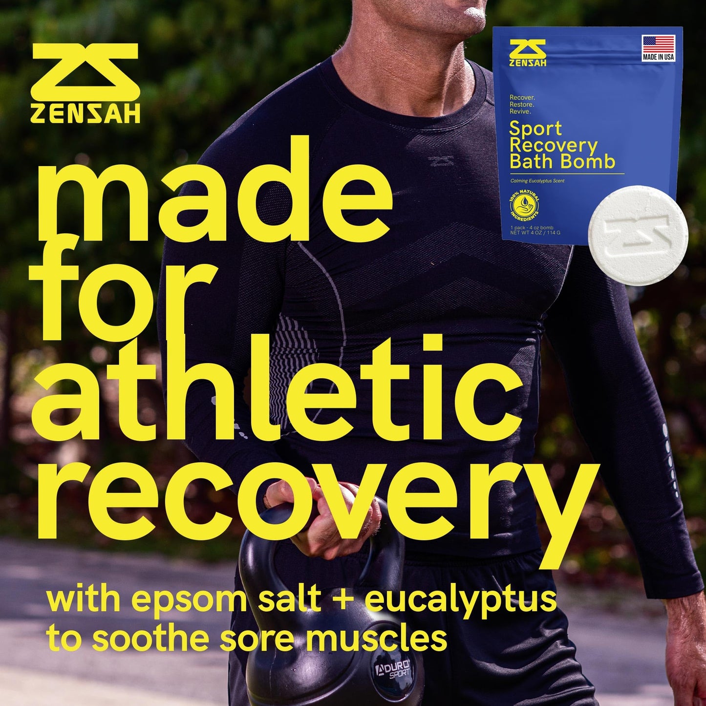 Zensah Sport Recovery Bath Bombs - Magnesium Epsom Salt for Soaking Sore Muscles, Father’s Day Gifts, Made in USA with Essential Oils, Peppermint and Eucalyptus Relaxation for Athletes