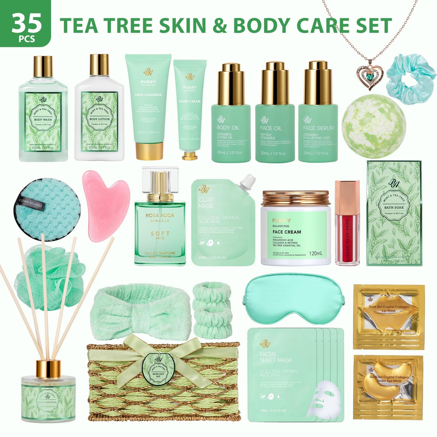 35 Pcs Mothers Day Gifts for Mom, Bath & Body Gift Basket for Women, Tea Tree Spa Gift Set, Face Skin Care Set, Self-Care Relaxation Gift, Diffuser, Birthday, Christmas, Valentines, Anniversary, Wife