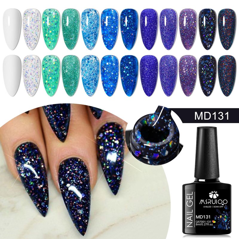 MSRUIOO 12Pcs Glitter Gel Nail Polish Set Purple Blue Glitter Aquarius Holy Water Collection Gel Polish Kit UV Nail Art Design Set DIY Manicure Gifts for Women